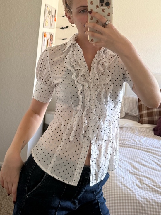 Brandy Melville Tops - White Polka Dot Ruffle Button-Up Top